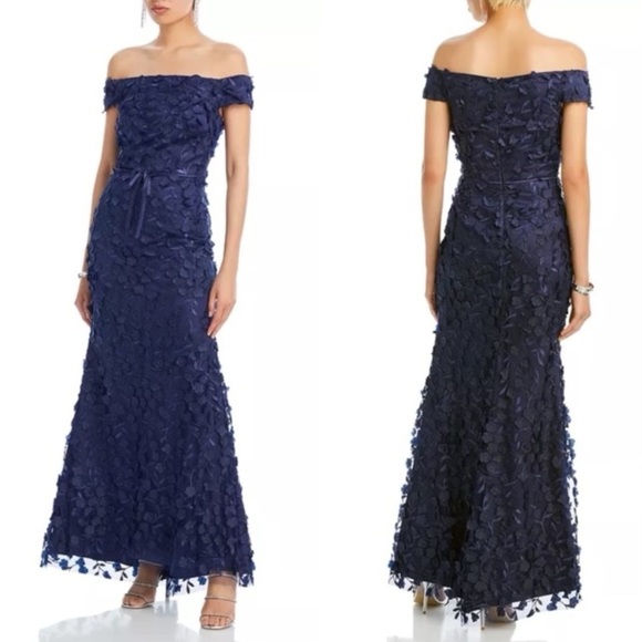 NWOT Eliza J Navy Off The Shoulder 3D Floral Evening Dress Size 2 - Picture 1 of 16